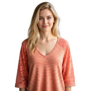 Love By‎ Design Women Sheer Knit Lace Quarter Sleeve Top Size L Bright Open Back